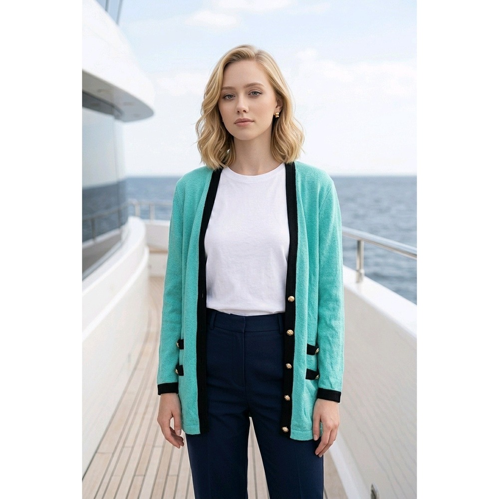 St. John Collection by Marie Gray M‎ Santana Knit Cardigan Green *Defects*